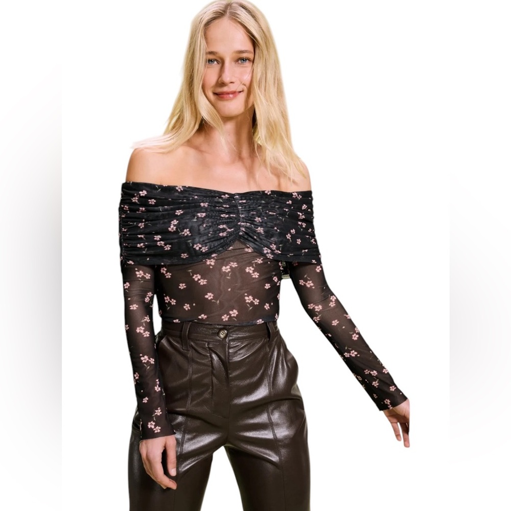 AFRM Off-Shoulder Sheer Floral Long-Sleeve Top - Black with Pink Flowers Size M